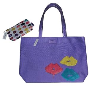 NWT Clinique × Drawbertson Smudged Lipstick Print Canvas Tote Bag & Pouch